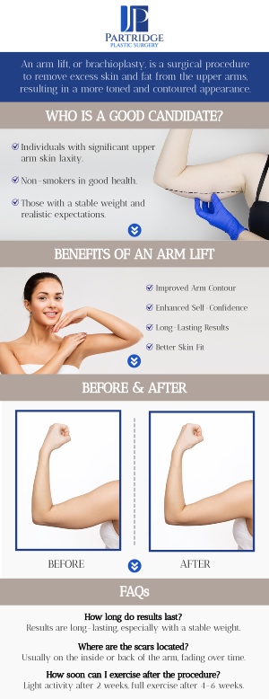 Brachioplasty is a cosmetic surgery that reshapes the upper arm from the armpit to the elbow. The procedure removes excess skin and fat, resulting in a more toned and balanced appearance. It prevents inflammation and rashes caused by extra skin folds, which can occasionally lead to infection. If your upper arms are drooping or sagging, brachioplasty surgery may be beneficial. At Partridge Plastic Surgery, our board-certified female plastic surgeon, Dr. Joanna Partridge, MD, offers brachioplasty surgery to help make your arms more toned. For more information, contact us today or schedule an appointment online. We have convenient locations in Princeton, NJ, and North Brunswick, NJ.