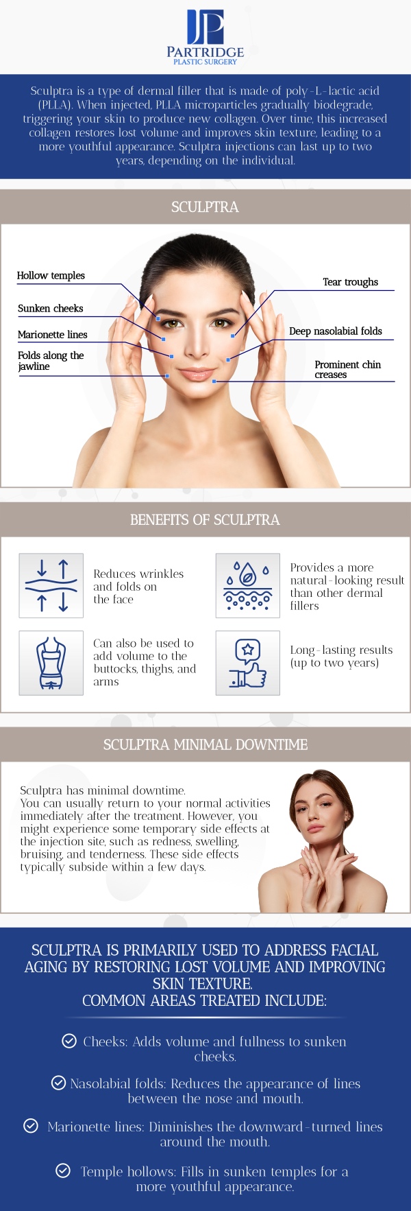 Sculptra injectable filler is a popular treatment option for individuals looking to restore volume, smooth out wrinkles, and enhance their facial features. At Partridge Plastic Surgery, board-certified female plastic surgeon Dr. Joanna Partridge, MD, offers Sculptra treatments to help patients achieve a more youthful, rejuvenated appearance. Sculptra works by stimulating collagen production, resulting in natural, long-lasting improvements to your skin’s texture and volume. This non-surgical procedure can restore lost volume in areas such as the cheeks, temples, and jawline, offering subtle yet significant enhancements. For more information, contact us today or schedule an appointment online. We have convenient locations in Princeton, NJ and North Brunswick, NJ.