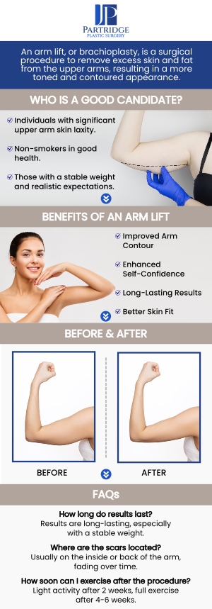 An arm lift is a cosmetic surgical procedure designed to enhance the appearance of the arms by removing stubborn fat deposits and tightening sagging skin. This procedure is often needed when diet and exercise alone can’t achieve the desired results, especially if you have loose skin from aging or significant weight loss. Dr. Joanna Partridge, MD, a board-certified female plastic surgeon, specializes in arm lift treatments and is dedicated to helping you achieve smoother, more toned arms. We guide you through the process and provide results that restore both confidence and comfort. Contact us for more information or book an appointment online. We have convenient locations to serve you in Princeton, NJ, and North Brunswick, NJ. An arm lift is a cosmetic surgical procedure designed to enhance the appearance of the arms by removing stubborn fat deposits and tightening sagging skin. This procedure is often needed when diet and exercise alone can’t achieve the desired results, especially if you have loose skin from aging or significant weight loss. Dr. Joanna Partridge, MD, a board-certified female plastic surgeon, specializes in arm lift treatments and is dedicated to helping you achieve smoother, more toned arms. We guide you through the process and provide results that restore both confidence and comfort. Contact us for more information or book an appointment online. We have convenient locations to serve you in Princeton, NJ, and North Brunswick, NJ.
