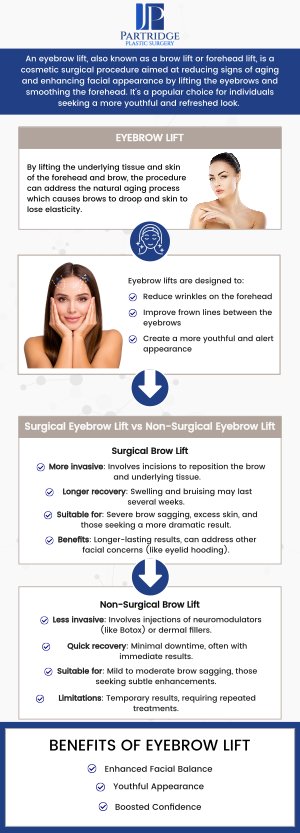 A brow lift restores a youthful appearance by lifting sagging brows and smoothing forehead wrinkles. By repositioning the brows to a more youthful position, it can improve facial expression and reduce the tired or angry look. Dr. Joanna Partridge, MD, a board-certified female plastic surgeon at Partridge Plastic Surgery, focuses on achieving natural-looking results that enhance your unique facial features, giving you a rejuvenated and confident appearance. For more information, contact us today or schedule an appointment online. We have convenient locations in Princeton, NJ, and North Brunswick, NJ. A brow lift restores a youthful appearance by lifting sagging brows and smoothing forehead wrinkles. By repositioning the brows to a more youthful position, it can improve facial expression and reduce the tired or angry look. Dr. Joanna Partridge, MD, a board-certified female plastic surgeon at Partridge Plastic Surgery, focuses on achieving natural-looking results that enhance your unique facial features, giving you a rejuvenated and confident appearance. For more information, contact us today or schedule an appointment online. We have convenient locations in Princeton, NJ, and North Brunswick, NJ.